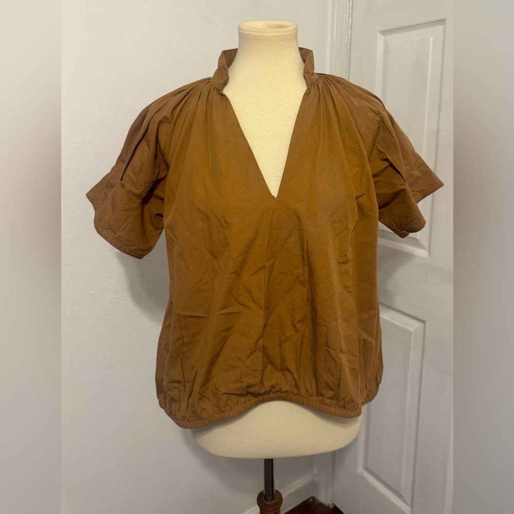LIVRO Brown Cotton Poplin Bubble Hem Top Size M Relaxed V-Neck Blouse